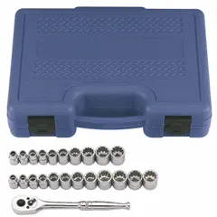 This 23-piece socket set includes both SAE and Metric 12-point sockets ranging from 1/4 in to 3/4 in, with a 3/8 in drive. Drive tools are included; socket bits and wrenches are not. Suitable for tightening and loosening fasteners in automotive repair, machinery maintenance, and general industrial assembly.