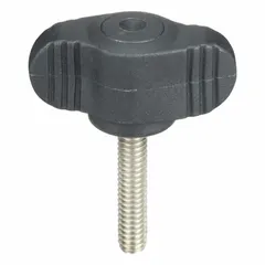 Wing knob with threaded stud for manual clamping, adjustment, and positioning on machinery and fixtures. Plastic body with stainless steel #8-32 thread provides corrosion resistance and secure grip. 28 mm diameter, 20 mm thread length.