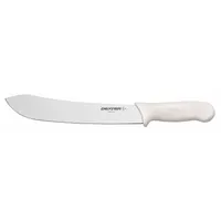 Butcher knife with a 15-inch overall length, featuring a honed steel blade and a white sanitary polypropylene handle. NSF Certified for use in food processing environments. Suitable for cutting and trimming meat in commercial kitchens and meatpacking facilities