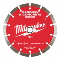 This 7-inch diamond saw blade is designed for cutting concrete and masonry materials. It features a 5/8-inch to 7/8-inch arbor size and is suitable for both wet and dry cutting applications with a masonry saw.