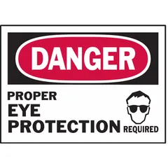 Adhesive-mounted polyester sign indicating danger requiring proper eye protection. Nominal size 3 1/2 x 5 inches, 0.01 inch thick. Pack of 5. Not retroreflective, not glow-in-the-dark, no anti-slip surface. Suitable for marking areas where eye protection is mandatory in industrial environments.