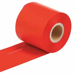 Red wax/resin single-color printer ribbon for THT 3" core printers, compatible with BBP81. Smear-resistant and RoHS compliant. Used for industrial labeling such as asset tags, safety signs, and wire markers.