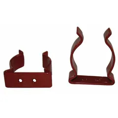 Steel spring clip with red PVC coating for round-hole pegboard. Surface-mount design with screw-in locking system. Each pack includes two clips, each with a 13/64 in peg hole and dimensions of 2 1/8 in x 2 1/8 in x 5/8 in. Accommodates tools with a 2 in diameter. Commonly used in workshops and garages for organizing hand tools and equipment.