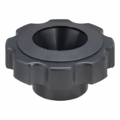 This Snap-Lock 8-Arm Knob features an 8-point plastic design with a 2.38 in diameter. It has a 5/16" thread and 18 mm thread length. Suitable for manual tightening of machinery, clamps, or fixtures in industrial settings.