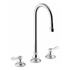 This widespread handle bathroom faucet is constructed from brass with a polished chrome finish. It features a 0.5 gpm flow rate and is suitable for residential and commercial bathroom sinks.