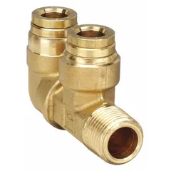 Brass push-to-connect elbow fitting with 3/8 in OD tube connection and 1/4 in male NPT thread. Designed for pneumatic and air brake systems, enabling tool-free installation and a leak-free joint.