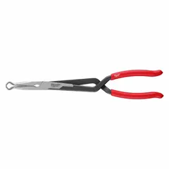 These long-reach needle-nose pliers feature a curved round nose design with a 3 in jaw length and 1/2 in tip width. The 12-7/8 in overall length and 1-7/8 in max jaw opening provide access in confined spaces for gripping, bending, and reaching wires or components. Suitable for electrical, automotive, and industrial maintenance applications.