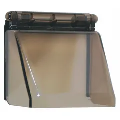 This polycarbonate wall fixture guard is designed for indoor use with keypads. It features a smoke color and includes mounting hardware for surface mounting on walls. The cover helps protect against vandalism and damage.