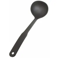 Black nylon ladle with a 3 3/4 in bowl diameter and 12 in overall length. Used for portioning and transferring liquids or semi-liquids in food service and light industrial kitchens. Suitable for serving soups, sauces, or handling non-abrasive fluids