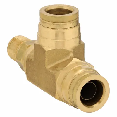 PARKER Push-Fit Tee Fitting: 3/8 in Pipe 1/2 in OD x 1/2 in OD Fitting Size - Brass Air Brake Fittings