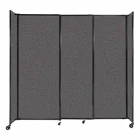 Freestanding bullet-resistant room divider with three opaque charcoal gray fabric panels. Features a powder-coated aluminum frame and meets NIJ Level III-A ballistic standards. Overall height 82 inches, width 86 inches. Suitable for creating secure partitions in environments requiring protection against handgun threats