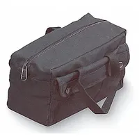 This canvas wide-mouth tool bag in black measures 11 inches wide by 6 inches deep by 7 inches high. It features four external pockets and two internal pockets for organizing hand tools, fasteners, and small equipment. The wide-mouth opening provides easy access to contents, making it suitable for job sites and workshops