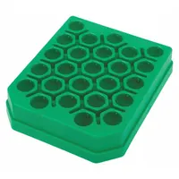 Benchtop test tube rack made of green polypropylene, holding up to 30 tubes. Overall dimensions: 5 7/8 in length, 1 3/8 in height. Suitable for organizing and storing tubes during sample handling, incubation, or routine lab procedures