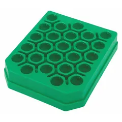 Benchtop test tube rack made of green polypropylene, holding up to 30 tubes. Overall dimensions: 5 7/8 in length, 1 3/8 in height. Suitable for organizing and storing tubes during sample handling, incubation, or routine lab procedures.
