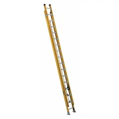 This 32 ft two-section fiberglass extension ladder has a 375 lb load capacity and weighs 75 lb. It features a fixed removable fly and mar-resistant end caps. The non-conductive fiberglass construction is suited for tasks requiring electrical safety, such as construction and industrial maintenance.