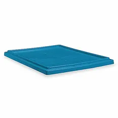Plastic lid designed for standard stacking and nesting totes, compatible with AKRO-MILS model 35190 and similar totes. Blue color, FDA compliant for food-contact applications. Measures 19 1/2 in x 15 1/2 in.