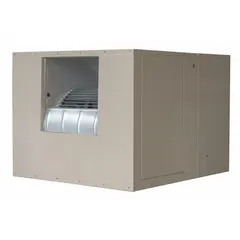 Single-inlet ducted evaporative cooler for residential use, operating on 115V AC. Measures 34 5/8 in x 42 in x 52 in. Drive package not included. Suitable for cooling open areas in dry climates.