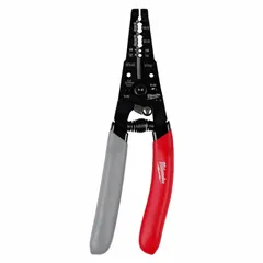 This multifunction wire stripper is designed for stripping and cutting 12 AWG to 14 AWG stranded wire, with a 14/2 NM cable designation. It features an angled, rounded-edge head for clean stripping of NM sheathing. Overall length is 2 9/16 in. Suitable for electrical wiring tasks in residential and commercial settings.