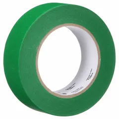 Green colored masking tape with crepe paper backing for indoor/outdoor use on rubber surfaces. Roll width 1 7/16 in, pre-cut diameter 4 3/4 in, overall length 60 1/8 yd. Used for paint masking, surface protection, and color-coding applications.