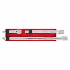This wobble hand socket extension set features a 3/8 in drive size and a 10 in overall length. The chrome finish resists corrosion, and the locking mechanism secures sockets during use. Suitable for accessing fasteners in tight or offset positions during automotive repair, equipment maintenance, and general assembly tasks.