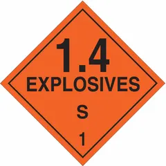 This BRADY placard measures 10 3/4 inches by 10 3/4 inches and displays the message '1.4 Explosives S 1'. It is used for identifying Class 1 explosives during transport, storage, or handling to meet DOT hazardous material marking requirements.