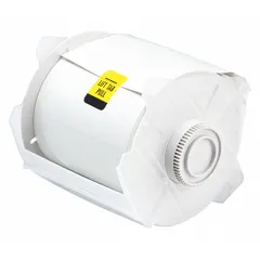 Continuous label roll, 4 1/4 in x 50 ft, made of green gloss polyester with glow-in-the-dark properties for outdoor use. Compatible with GlobalMark 2 printer series. Suitable for safety signage, equipment identification, and emergency egress marking in industrial environments.