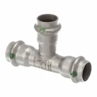 This VIEGA PROPRESS crimp tee fitting is made of stainless steel for potable water systems. It has a 1/2 in CTS x 1/2 in CTS x 1/2 in CTS size and a rubber seal. Used to create branch connections in plumbing applications