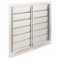 This wall-mount backdraft damper features flat blades and is designed for horizontal airflow with vertical mounting. It has a maximum air velocity of 2500 fpm and is suitable for use in ventilation systems to prevent reverse airflow.