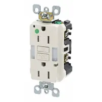 This LEVITON GFCI receptacle is a hospital-grade, decorator duplex type with a 5-15R configuration. Rated for 125V AC, it provides ground-fault circuit interruption for personnel protection. The light almond finish suits commercial and healthcare environments where GFCI protection is required in wet or damp locations