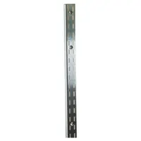 Heavy-duty slotted standard made of zinc-plated steel with a silver finish. Features 1-inch slot spacing and 1/2-inch slot length for adjustable shelving. Designed for screw-in mounting to walls or uprights in storage and display systems