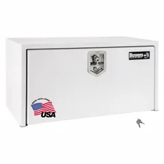 This single drop-down door box from BUYERS PRODUCTS is designed for underbody mounting on trucks. It features a white finish, 24-inch overall depth, and a keyed lock for secure storage of tools and equipment.