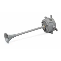 This horn alarm operates on 120V AC and is suitable for indoor and outdoor use. It measures 8 inches in length and width, with a gray finish. Typical applications include providing audible signals for safety, evacuation, or process alerts in industrial and commercial settings.