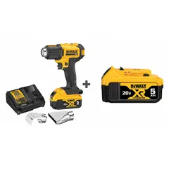 This cordless heat gun operates on a 20V DC battery system and includes two 5.0 Ah batteries. It delivers a variable temperature range of 500°F to 990°F and a maximum air flow of 6.7 cfm. Suitable for paint stripping, shrink-wrapping, thawing frozen pipes, bending plastic, and loosening rusted bolts in construction, automotive, and maintenance applications.