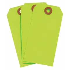 Fluorescent green cardstock shipping tag measuring 4 1/4 inches high by 2 1/8 inches wide. Made from 30-point card stock for rigidity. Suitable for tagging parts, equipment, or packages in industrial, warehouse, and logistics settings. Pack of 1,000 tags.