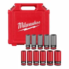 This 11-piece lug nut socket set features a 1/2 in drive size and 6-point sockets with black phosphate finish. Socket sizes range from 3/4 in to 1-1/6 in. Designed for removing and installing lug nuts on vehicles, it is suitable for automotive repair, tire changes, and fleet maintenance.