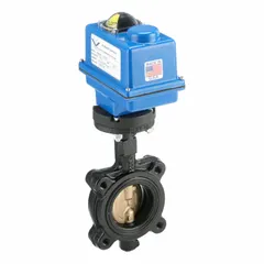 This ductile iron general-service electric butterfly valve features a bronze disc and lug-style connection. It operates on 115V AC with a 4-20 mA input control signal. Suitable for on-off or modulating control of gas, oil, or water media in industrial piping systems.
