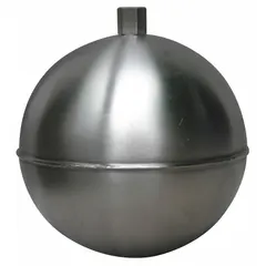 This stainless steel threaded float ball features a 3/8 in IPS external thread for mounting. It is used as a buoyant component in liquid level sensing and control applications within tanks or vessels. The corrosion-resistant stainless steel construction suits industrial environments.