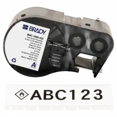 This continuous label roll cartridge combines label and ribbon in a single unit for the M510 printer series. The 1 in x 25 ft polyester labels are black on white and halogen-free. Suitable for industrial identification tasks such as asset tagging, cable marking, and safety signage.