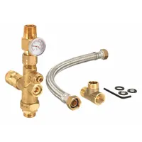 Point-of-use thermostatic mixing valve with 3/4 in outlet connection. Blends hot and cold water to deliver a consistent outlet temperature. Includes an integrated temperature gauge. Suitable for commercial sinks, showers, and wash stations