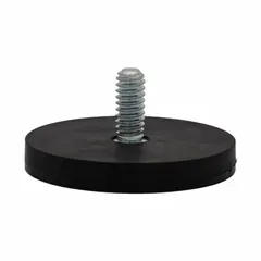 This threaded rare earth magnet features a neodymium N35 grade core with a black rubber coating. It has a 1 11/16 in outside diameter and a 1/4-20" male thread tap size, providing a maximum pull force of 20 lb. Commonly used for holding, lifting, or positioning ferrous parts in assembly, maintenance, and material handling applications.