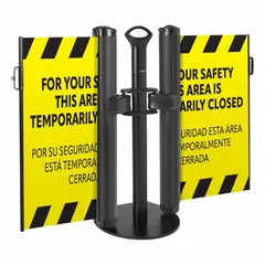 This retractable belt barrier system features a single post with a 38 in height and an 11 1/2 ft yellow round flat belt printed with a black 'Area Temporarily Closed' message. The belt retracts into the post and uses a push-through latch for connection. It is used for temporary crowd control, hazard marking, and access management in industrial facilities, warehouses, and public spaces.