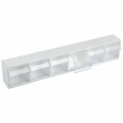 This tip-out bin rack from QUANTUM STORAGE SYSTEMS is designed for organizing small parts, tools, and hardware in industrial workstations, maintenance shops, and warehouses. It can be used freestanding or wall-mounted, providing flexible placement for efficient inventory access. The rack measures 3 5/8 in x 23 5/8 in x 4 1/2 in and comes in a white finish.