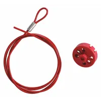 Twist-lock cable lockout device with a red polypropylene body and a 4.9 ft steel cable coated with clear PVC. The cable is included and wraps around multiple energy-isolating points to secure equipment during lockout/tagout procedures. The red body provides high visibility for safety compliance
