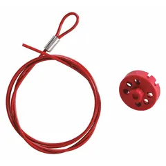Twist-lock cable lockout device with a red polypropylene body and a 4.9 ft steel cable coated with clear PVC. The cable is included and wraps around multiple energy-isolating points to secure equipment during lockout/tagout procedures. The red body provides high visibility for safety compliance.