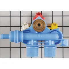 This water inlet valve controls the flow of water into washing machines and dryers during fill cycles. It is a replacement part for Whirlpool appliances, regulating water entry to maintain proper operation.