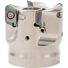 This indexable face mill features a 90-degree cutting angle and MEAS style design. It is suited for general face milling operations on materials such as steel, stainless steel, and cast iron. The tool uses indexable inserts for cost-effective cutting and is intended for applications requiring square shoulders and smooth finishes.