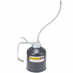 This lever-grip oil dispenser has a 16 fl oz capacity steel body with a powder-coated copper bronze finish. It includes an 8-inch flexible spout and a replacement spout; the straight and angle spout tips incorporate an oil cup cap lifter. Suitable for manual lubrication of machinery, bearings, and moving parts in industrial and maintenance settings.