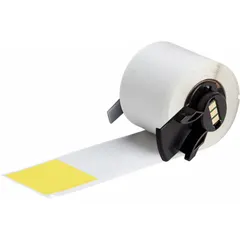 Precut wraparound label for wire and cable identification. Yellow matte vinyl material, 6 in x 1 1/2 in size, designed for wire diameters from 0.64 in to 1.43 in. Compatible with BMP71 printer series; requires ribbon M61-R4310. Suitable for permanent marking in industrial environments.