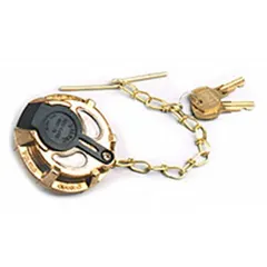 Threaded locking fuel cap with chain and cross bar, non-vented, brass finish. Neck diameter and length both 2 5/16 in. Designed for gas fuel tanks on vehicles and equipment requiring secure closure.