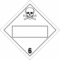 Class 6 placard for identifying containers holding toxic, poison inhalation, and infectious substances. Measures 10 3/4 in x 10 3/4 in with label height and width of 10 3/4 in. Used for DOT compliance in transport and storage of hazardous materials
